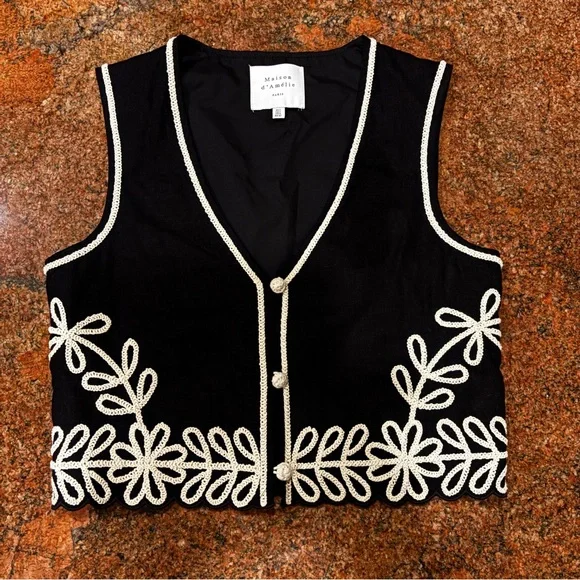 Maison d' Amelie Women Sz 2 Linen Blend Embroidered Floral Vest Black - Picture 1 of 6